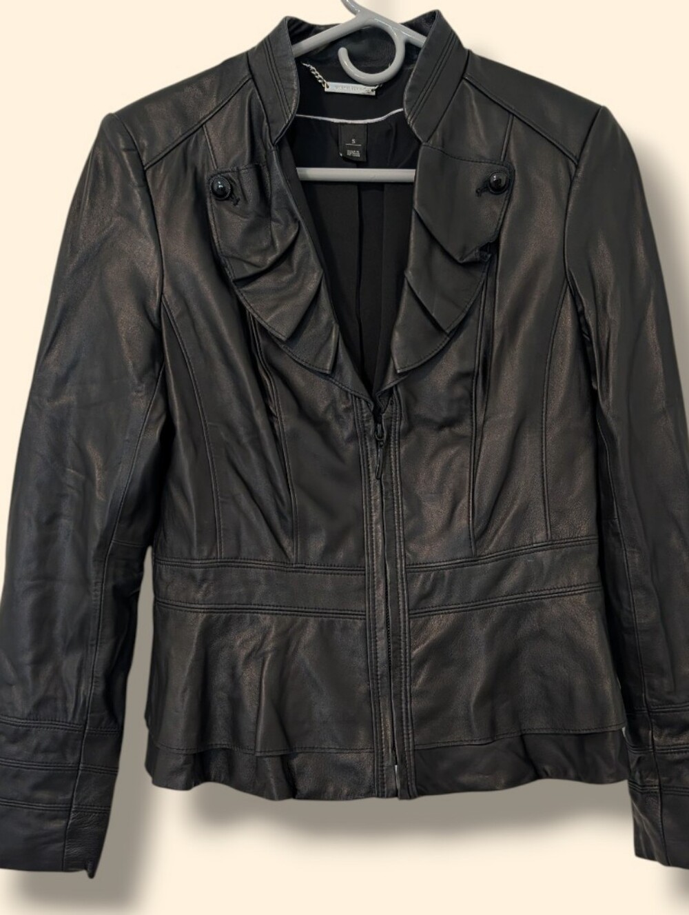 WHBM Black Genuine Leather Ruffle Trim Half Zip Tailored Peplum Jacket SM